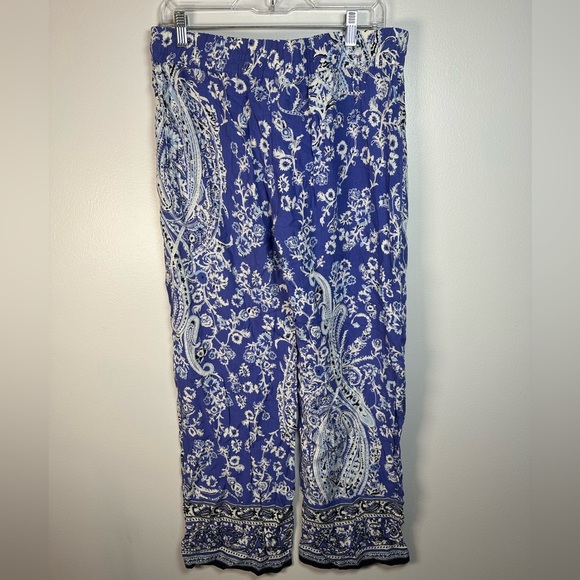 Artisan Ny Blue and White Floral Paisley Pants Boho Size Large - Picture 2 of 7